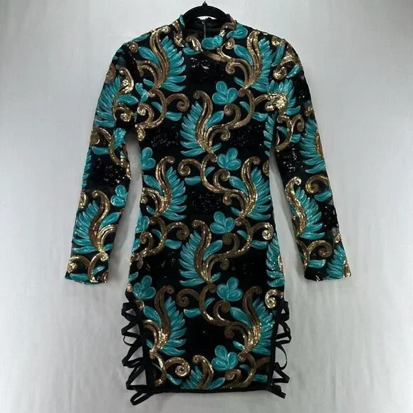 Fashion Nova Dress Size  XS Caprice Sequin Strap Side Bodycon Long Sleeve Black - Picture 2 of 12